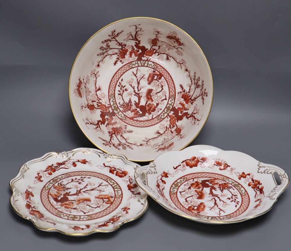A Coalport Indian Tree Coral bowl and two matching dessert dishes in iron-red and gilt, bowl 26cm